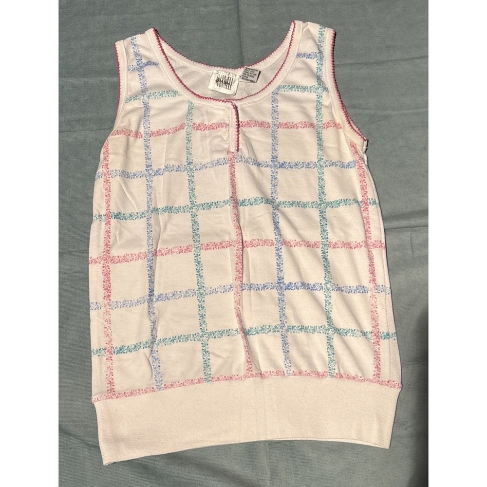 Maxwell Vintage Sleeveless Knit Top White Floral Grid Pink Trim Size M